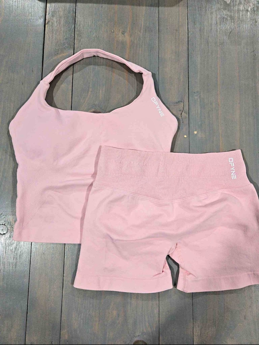 Dfyne Women's Pink Seamless Halter Crop Top & High-Waist Shorts Set s m l - Picture 5 of 5